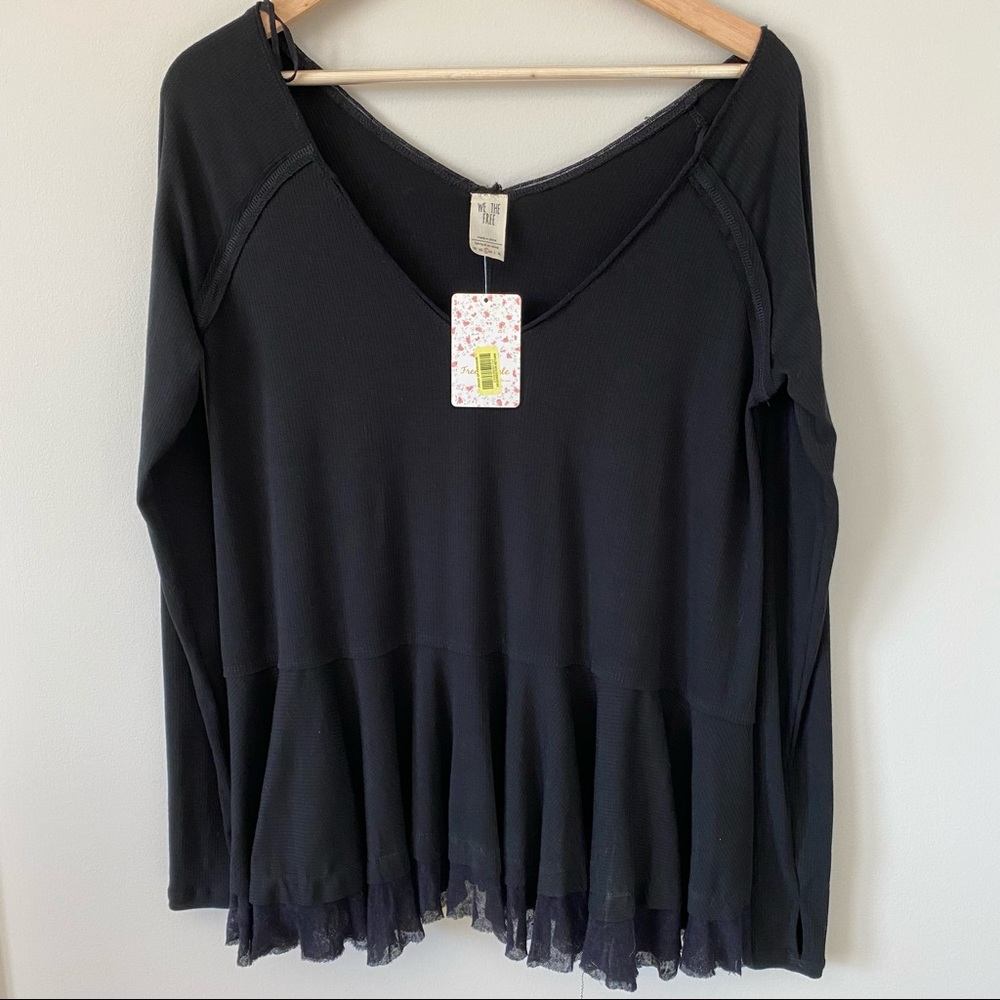 Free People Black Oversized Deep V Neck Raw Hem Long Sleeve Blouse